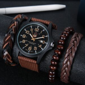 1pc Men Nylon Strap Quartz Watch & 3pcs Bracelet